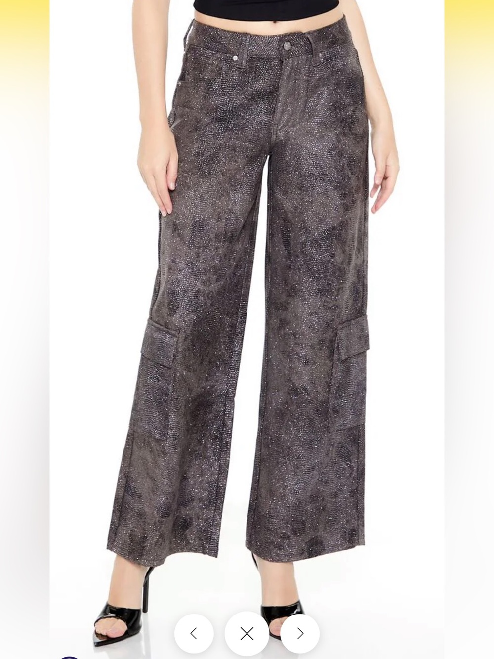 Forever 21 Metallic Wide Leg Cargo Pants - Black/Silver